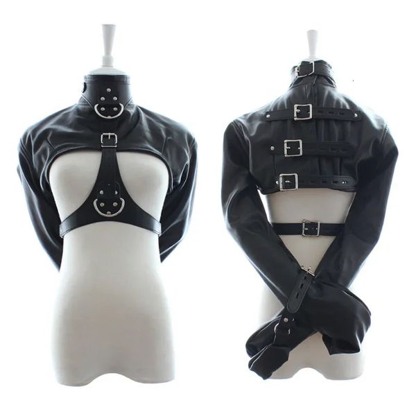 Sexy Set für weibliche BDSM-Bondage-Brust freiliegende Zwangsjacke aus PU-Leder mit langen Ärmeln, spielen, flirtende Frauen 231130