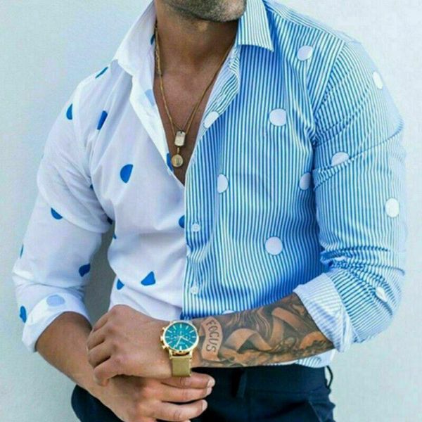 Herren Freizeithemden Herren Hellblau Weiß Polka Dot Button Down Hemd Gestreift Langarm Mode TopMänner