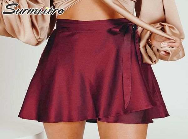 Saias Surmiitro 2021 Cetim Verão Mini Envoltório Saia Mulheres Estilo Coreano Vermelho Rosa Preto Lace Up Cintura Alta Female3232612