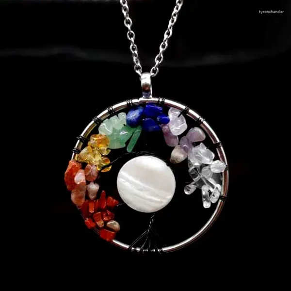 Ожерелья с подвесками, ожерелье в форме диска, медная проволока ручной работы, натуральный агат, кристалл, гравий, Древо жизни, подвесное колье с удачей