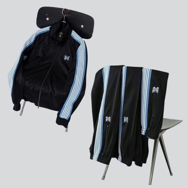 Calças masculinas 23ss agulhas awge jaquetas azul borboleta bordado listras preto sweatpants treino para homens mulheres