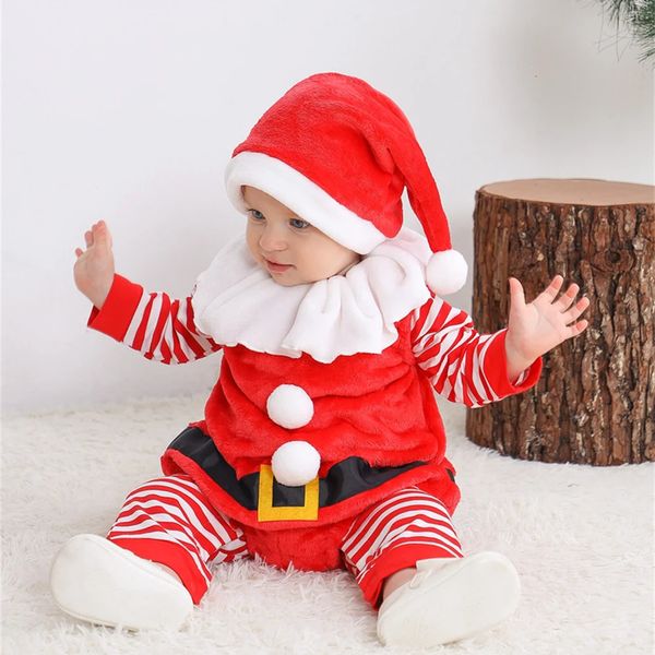 Kleidungssets Baby-Weihnachtskleidung Outfits Weihnachtsmann-Kostüm für Babys Jungen Mädchen Langarm-Strampler Tops und Mütze 3-teilig geborene Kleidung 231129