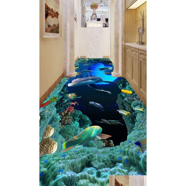 Sfondi Carta da parati personalizzata per pavimenti 3D Arte moderna Pietre di fiume Bagno Murale Il buco nei delfini PVC autoadesivo Impermeabile Goccia D Dht07