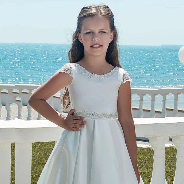 Vestidos de menina flor laço branco aniversário casamentos sem mangas vestido de baile de cetim primeira comunhão sagrada festa