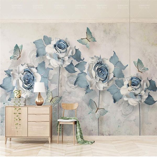 Обои любого размера на заказ, 3d элегантные цветы, бабочки, светло-голубые обои для гостиной, спальни, украшения стен, обои2943