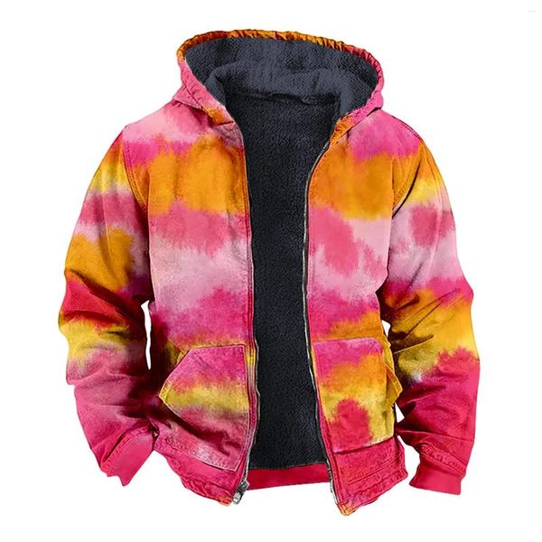 Coletes masculinos Mens Outono Inverno Manga Longa Zíper Fleece Caminhadas Jaqueta Casual Tie Dye Impresso Casaco Masculino Mont Erkek