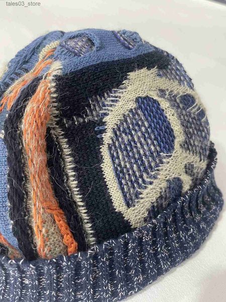 Beanie/Kafatası Kapakları 2023 Kapital Vintage Örme Jakard Şapka Karma Retro Dikiş Geometrik Renk Bloğu Sıcak Şapka Q231130