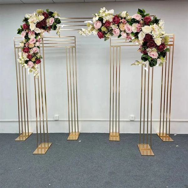 Prateleira de cenário de tela quadrada banhada a ouro brilhante, arco de casamento, suporte de porta geométrica, decoração floral artificial