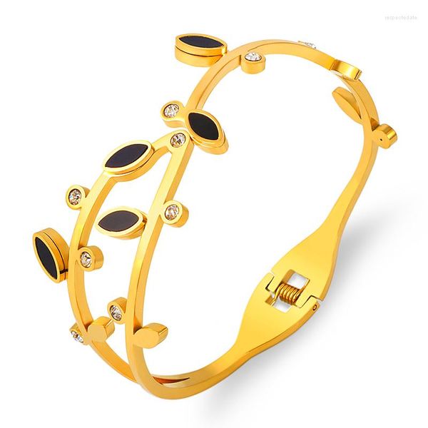 Bangle Branch Design Geometry Charm Bracciale in acciaio al titanio con strass per gioielli da donna Smalto nero