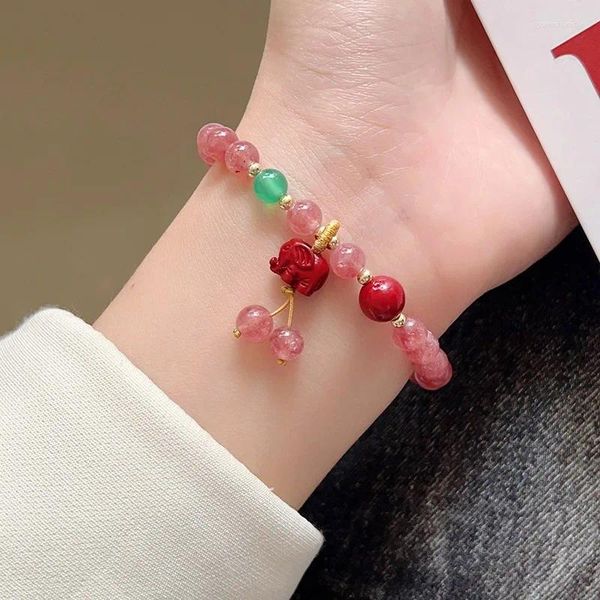 Charme pulseiras linda pulseira de cristal rosa para mulheres morango pedra contas jóias com saco de sorte pulseira elástica presente de natal