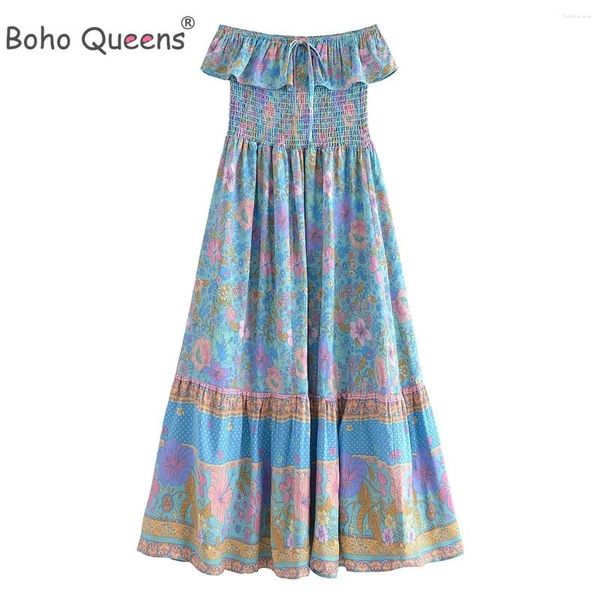 Sıradan Elbiseler Boho Queens Kadın Çiçek Baskı Kısa Kollu Ruffles Bohemian Plaj Elbise Kapalı Omuz Rayon Vintage Maxi Vestidos