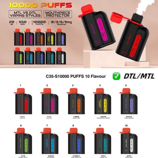 Originalabstimmung Vape Stift Sunfire Design Lost Cool Bar King Puff 7000 8000 9000 10000 12000 Puffs E Zigarettengerät 20ml 650mAh 0% 3% 6% 9% wiederaufladbar ohne Undicht