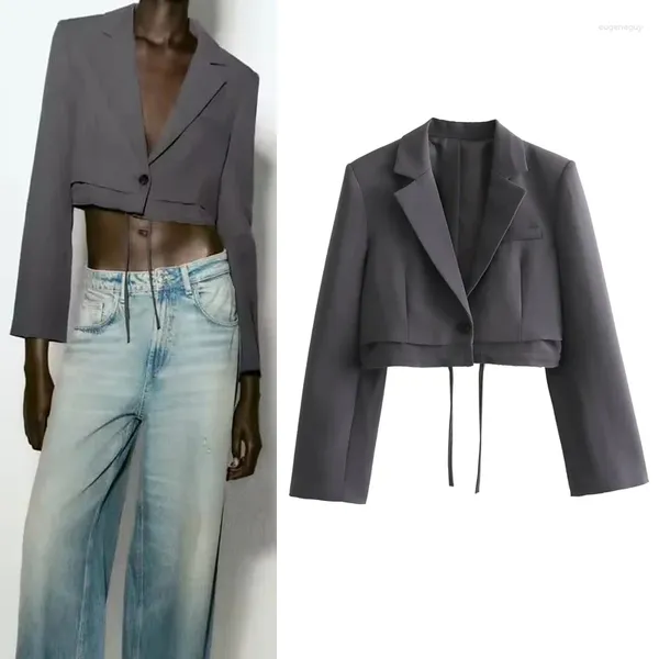 Ternos femininos 2023 blazers moda coreana lapela botão amarrado jaqueta cortada mulher roupas de manga longa casaco outono cinza blazer
