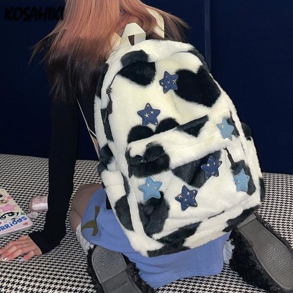 Borse da scuola Cow Contrast Color Streetwear Zaini Kawaii Star Fluffy Borse Donna Studente Y2k Estetica Casual Harajuku Cute School Backpack 230428