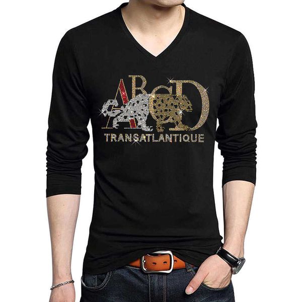 T-shirt da uomo coreano Fit 2020 autunno nuova manica lunga ghepardo moda uomo di marca lettera calda diamante nero