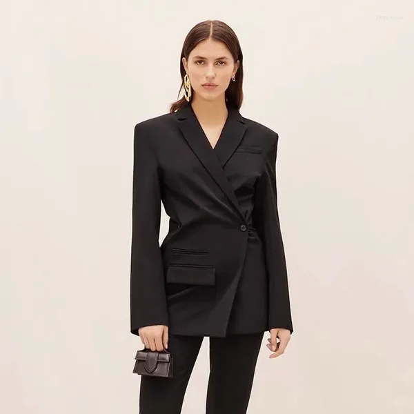 Женские куртки 2023, осенний черный шерстяной двубортный повседневный пиджак с подплечниками для женщин