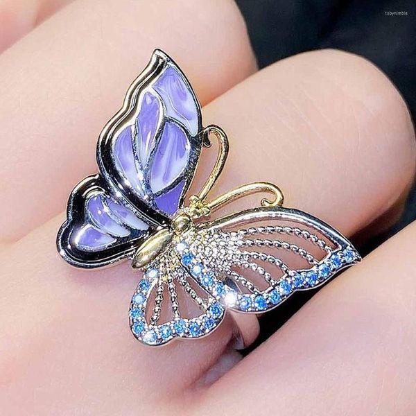 Anelli a grappolo Smalto viola Diamanti zirconi Pietre preziose Farfalla per le donne Oro bianco Argento Colore Gioielli Moda Accessorio per feste Regali