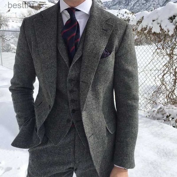 Abiti da uomo Blazer Grigio Tweed di lana Inverno Abito da uomo per matrimonio Formale Sposo Smoking a spina di pesce Moda 3 pezzi (Giacca + Gilet + Pantaloni + Cravatta) L231130