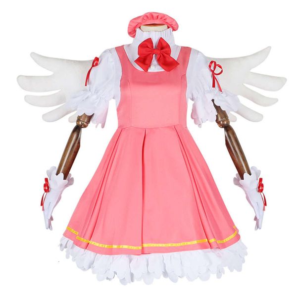 Anime cardcaptor traje kinomoto sakura cosplay vestido uniforme de combate saia e asa adereços roupas de empregada