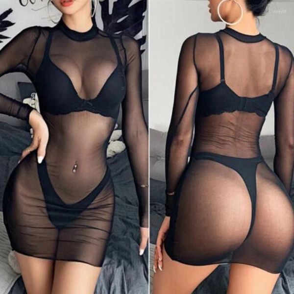 Abbigliamento da donna plus size intimate sexy temptazione di lingerie trasparente in maglia trasparente a maniche lunghe da club casual mini abito