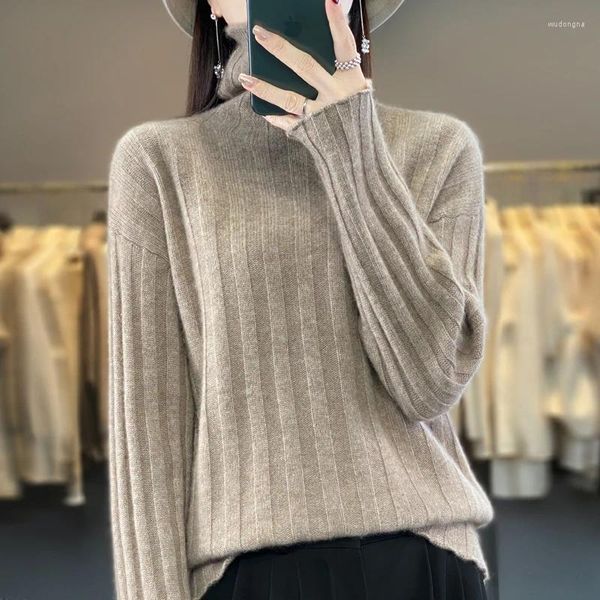 Suéteres femininos Cashmere Sweater Turtleneck Mulheres Sunken Stripe Pulôver Malha Outono e Inverno Solto Base de Lã Shi