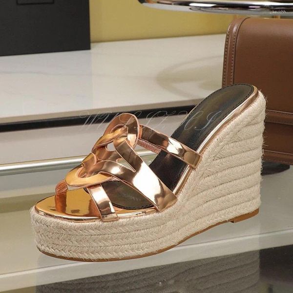 Sandali Espadrillas in pelle lucida dorata con zeppa Piattaforma da donna Tacchi alti Croce rotonda aperta Slingback Specchio lucido Bling Scarpa casual