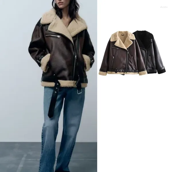 Jaquetas femininas 2023 casacos de inverno mulheres streetwear falso couro de cordeiro jaqueta curta com cinto grosso casaco de pele de carneiro quente