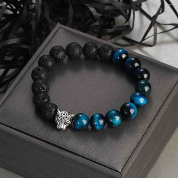 Strang 10mm Perlen Armband Mode Natürliche Tigerauge Stein Silber Farbe Leopardenkopf Für Frauen Männer Schmuck
