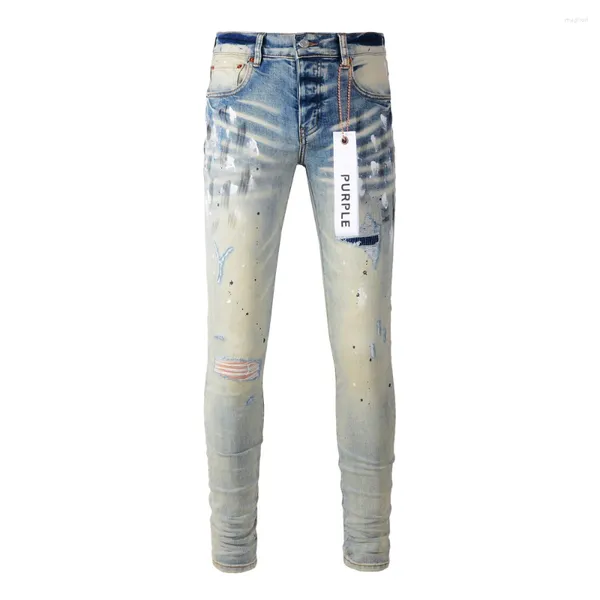 Herrenjeans Lila Y2k Streetwear Für Männer Mode Blau Denim Slim Paint Graffiti Muster Beschädigtes Loch Stretch Ripped Skinny