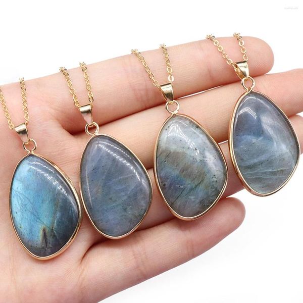 Подвесные ожерелья 1pc Luxury Natural Flash Labradorite Stone Charms нерегулярные кристаллы длинные цепочки связывания для женщин украшения