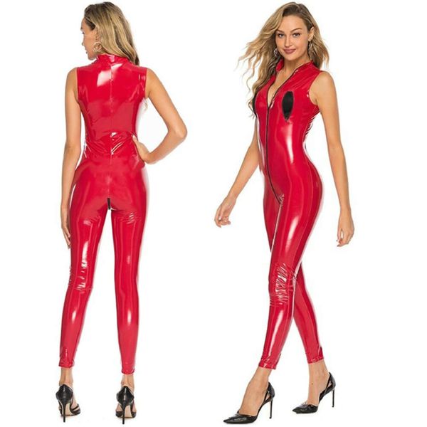 Costume sexy fondo con apertura sul cavallo tuta Sexi donna lingerie sexy tuta femminile in pelle doppia cerniera petto nudo erotico lattice catsuit sesso