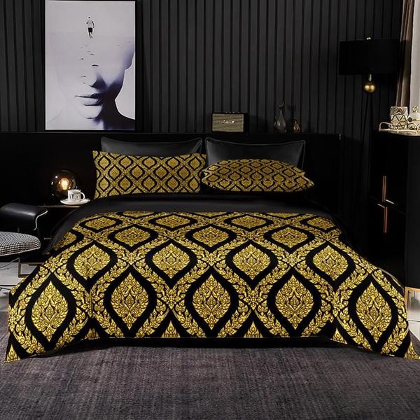Set di biancheria da letto Set dorato in stile nobile Copripiumino king size con federa Copripiumino nero Coperta Lenzuolo nero236j