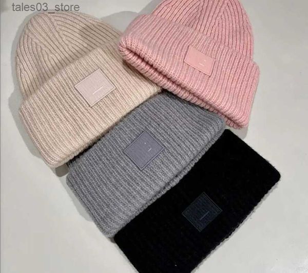 Beanie/Kafatası Kapakları Kış % Geri Döndü Yün Beanie Erkekler için Moda Örgü Şapkası Kadınlar Moda Büyük İşlemeli Yüz Yaması Beanie Q231130