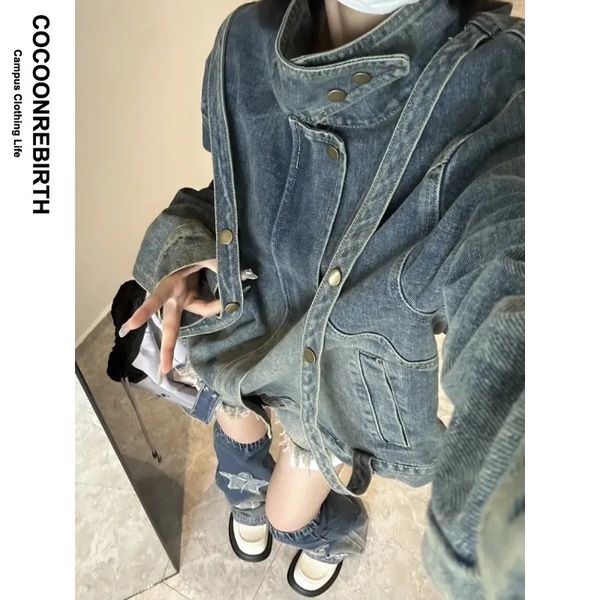 Erkek Ceketler Amerikan Vintage Yıkanmış Denim Ceket Erkek Kadın Gündelik Şerit Tasarım Varsity Cowboy Ceket Unisex High Street Sıkıntısı Çıkış 231129