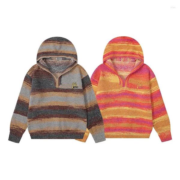 Maglioni da uomo Autunno/inverno americano retrò a righe contrasto di colore Hipster maglione con cappuccio di tendenza maschile