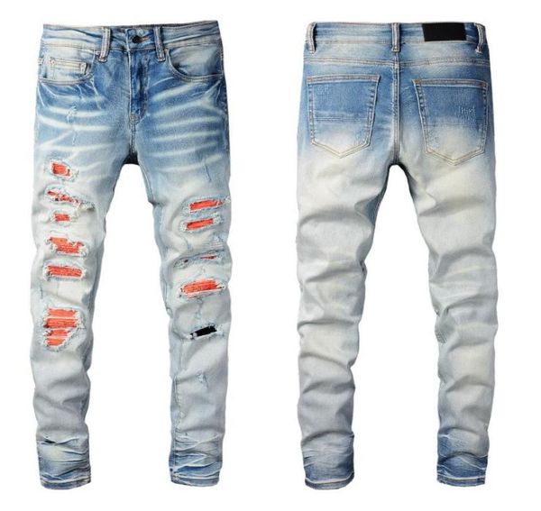 Мужские джинсы039s High Street Синие брюки с рваными оранжевыми нашивками до колена с градиентом Голубые узкие брюки8567478