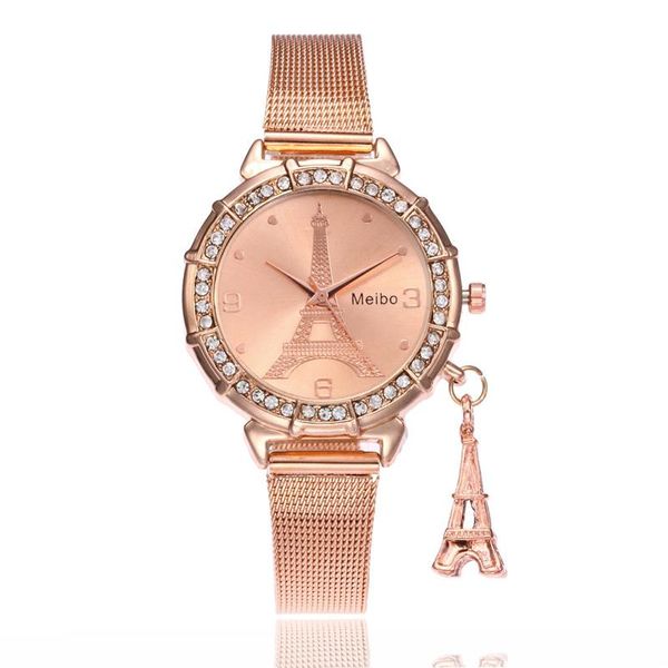 Нарученные часы Meibo Watch Wames Fashion Fashion Luxury Crystal Paris Eiffel Tower Rose Gold Mesh Band Quartz Relogio Feminino