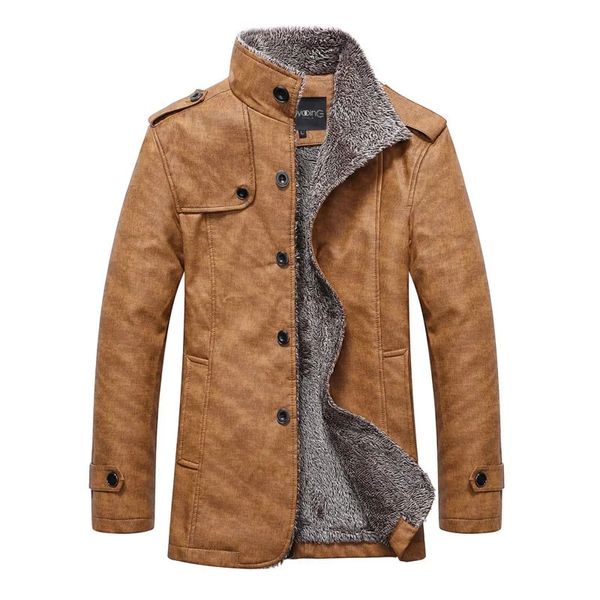 Chaqueta cálida de invierno de imitación de cuero para hombre, abrigo liso de manga larga de PU, abrigo con cuello levantado, gabardina gruesa y ajustada 231129