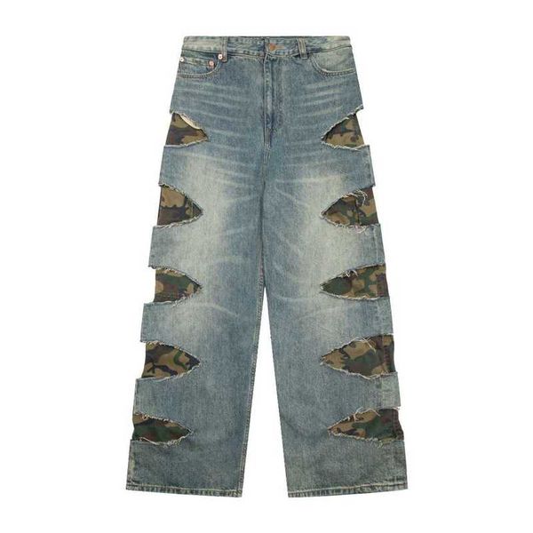 Calças femininas capris alta versão b paris faca corte buraco camuflagem jeans de camada dupla tendência casual solto calças compridas masculinas e femininas ins xlwz