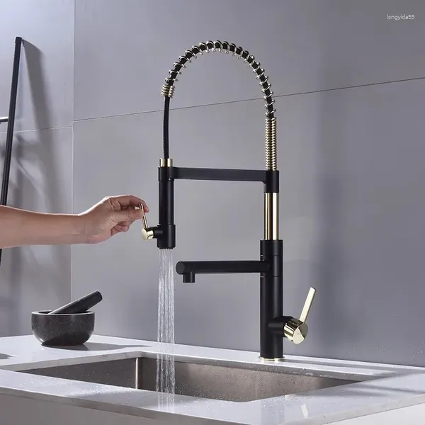 Küchenarmaturen Top Qualität Schwarz Gold Messing Waschbecken Wasserhahn Luxus Pull Down Kaltwasser Frühling Mischbatterie Mit Sprayer Ein Loch