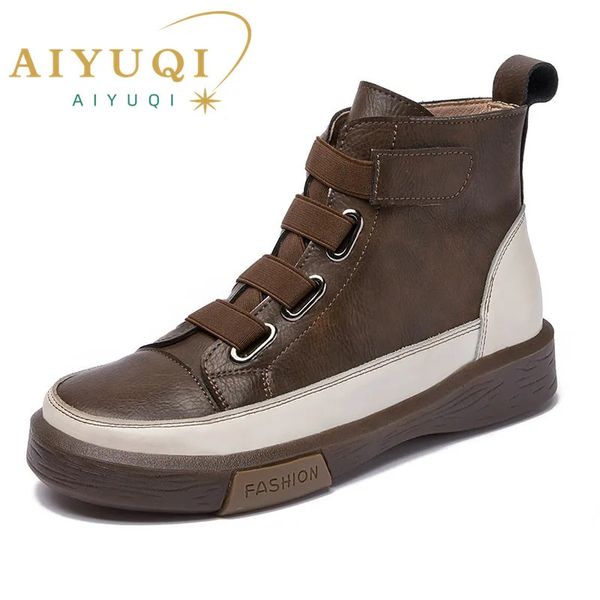 Terlik Aiyuqi Kadın Kış Ayakkabıları Düz ​​Orijinal Deri 2023 Antika Renk Eşleşen Ön Bağlantı bayanlar Boots Trend Girl Student 231129