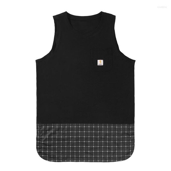 Herren Tanktops Techwear Patchwork Plaid Hip Hop Pocket Tees T-Shirts Mann Sommer Ärmellose Weste Lässig Lose Streetwear