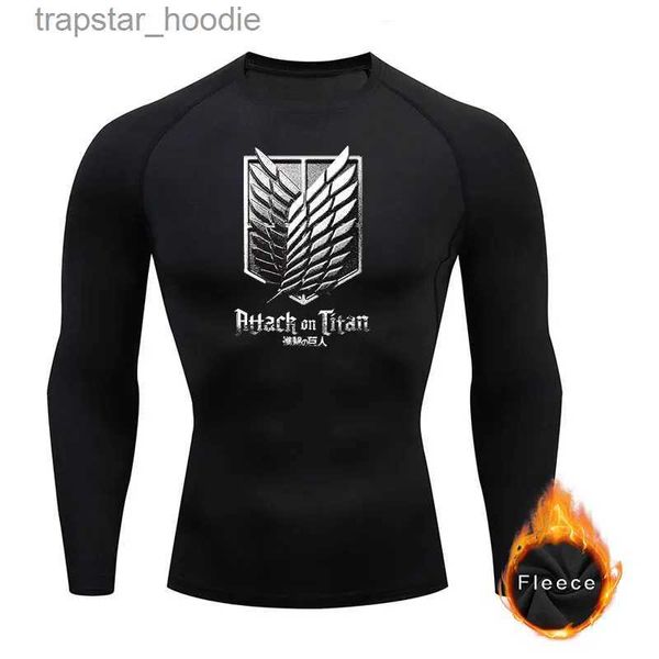 Roupa íntima térmica masculina Anime Attack On Titan Camisas de compressão Homens Roupa íntima térmica Tops de lã grossa camisa inferior quente inverno longo Sle Base Tee L231130