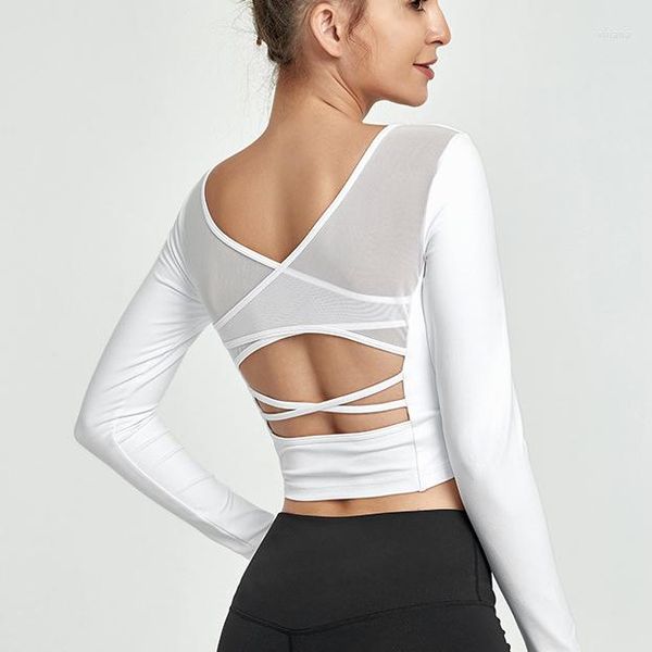 Camicie attive Top da yoga sexy con reggiseno incorporato Quick Dry Crop Workout Bianco Manica lunga Sport Mesh Splice Fitness