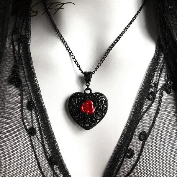 Halsketten mit Anhänger Schwarze filigrane Herz-Halskette mit roter Rose Gothic Viktorianisch Romantisches Valentinstagsgeschenk für Freundin Alternativer Schmuck