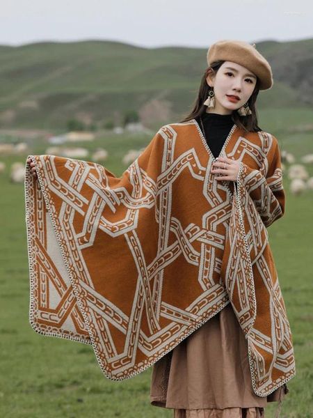 Lenços Poncho Mulheres Estilo Étnico 2023 À Prova de Vento Padrão Geométrico Capa Outono e Inverno Split Shawl Pashimina Lenço Dupla Face