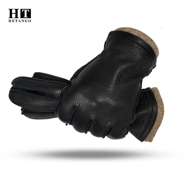 Guantes de cinco dedos Venta de moda Guantes de piel de venado para hombres de invierno simples Guantes de cuero para conducir con costura exterior suave y cálida 70% forro de lana 231130