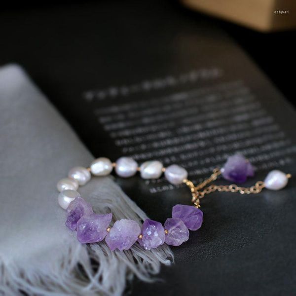 Strang Trendy Romantisches Naturstein Amethyst Armband Echte Süßwasserperle Perlen Handgemachter Edelstahl Für Frauen