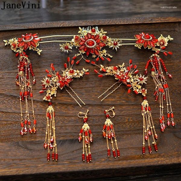 Grampos de cabelo Janevini clássico chinês artesanal nupcial headwear coroa brincos antigos flores vermelhas grampos de cabelo frisados acessórios de casamento