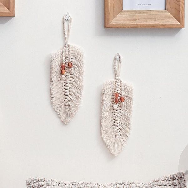 Figuras decorativas Objetos de estilo nórdico folhas tecidas à mão Forma Macrame tapeçaria arte tecido cor corda de algodão pendente na sala de estar